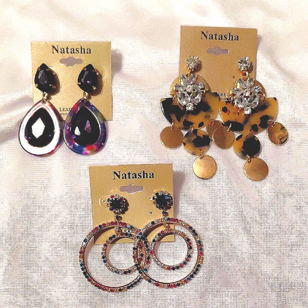 Natasha Couture Purple, Gold, and Silver Earrings Trio